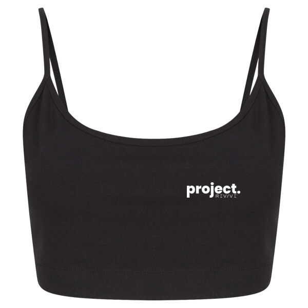Women's sustainable fashion cropped cami top with adjustable straps - printed Project Revive in white Thumbnail