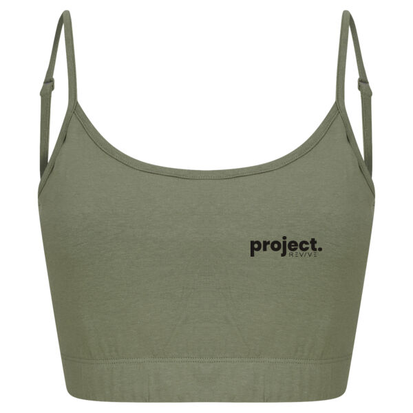Women's sustainable fashion cropped cami top with adjustable straps - printed Project Revive in black Thumbnail